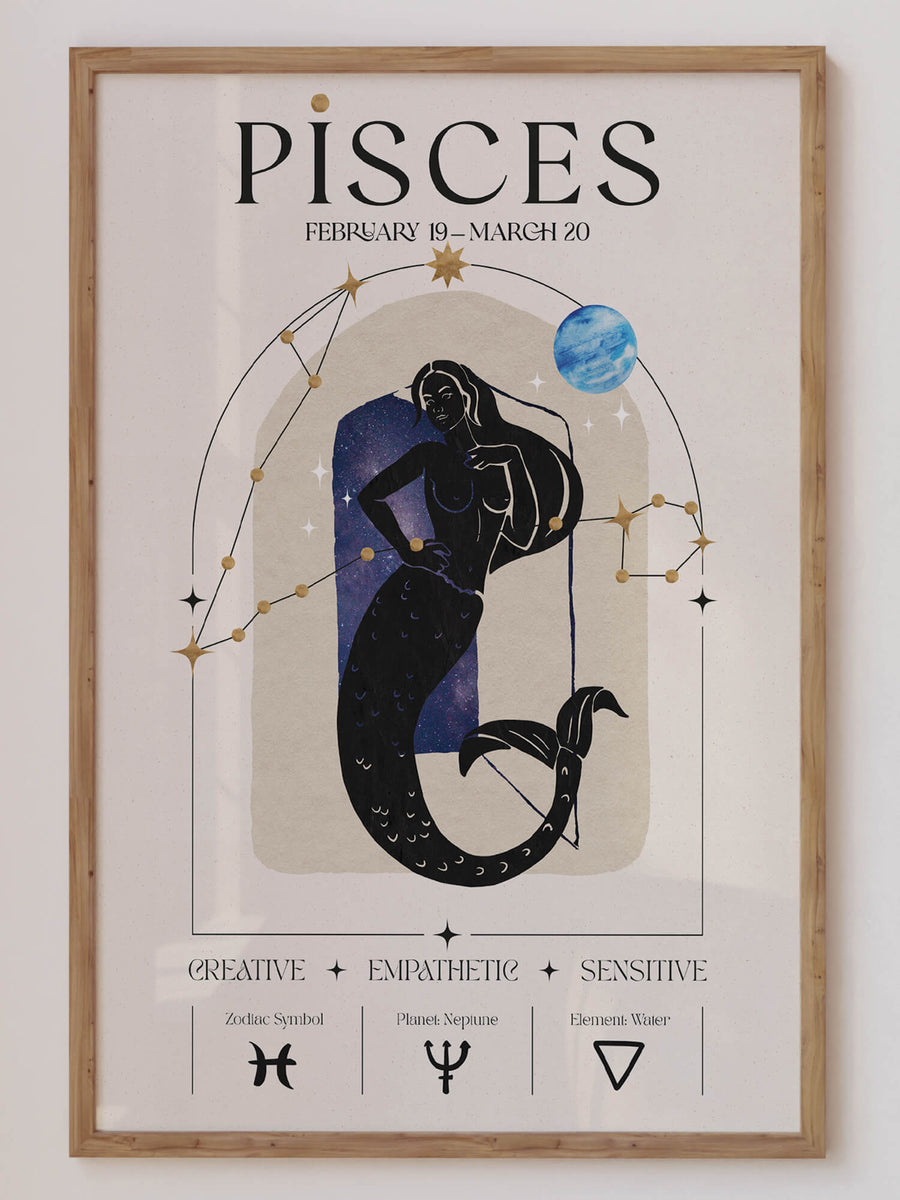 Pisces zodiac wall art print featuring a celestial mermaid figure surrounded by constellations, a dreamy Neptune planet, and star details. Soft, mystical unframed astrology print.