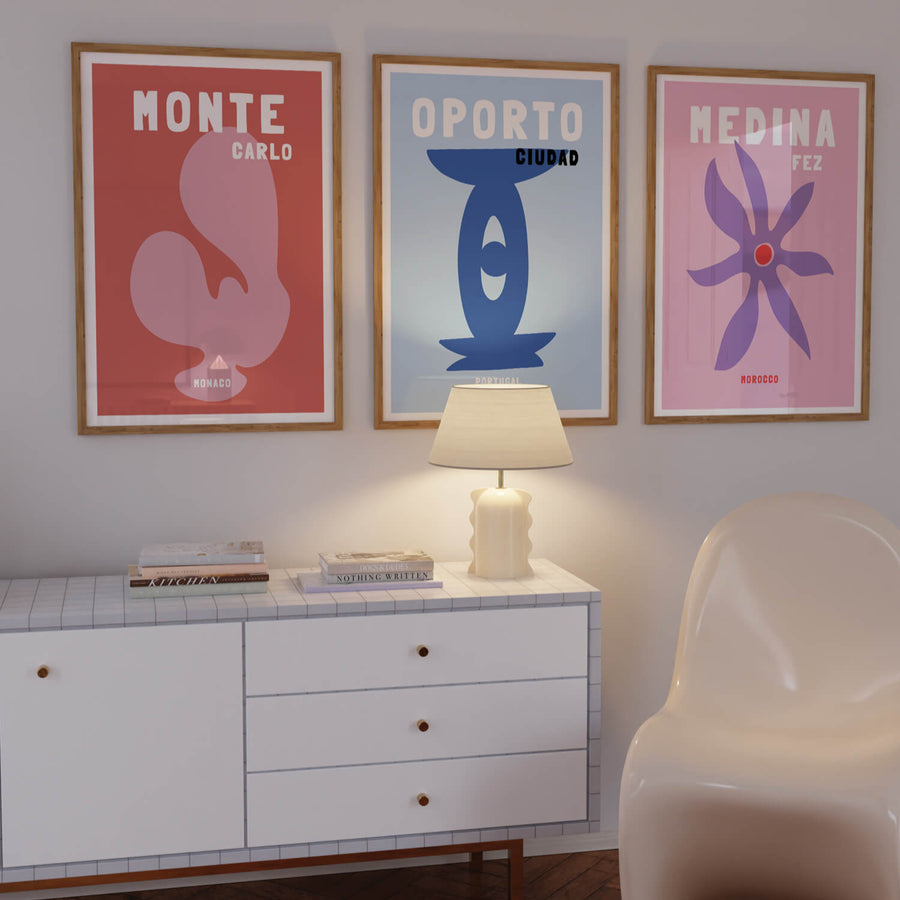 Medina Fez travel print in a sophisticated retro style, showcasing Moroccan charm with warm tones. Perfect wall art for exotic and bohemian decor themes.