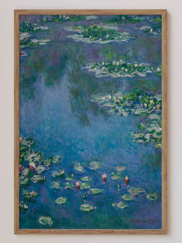 Water Lilies at Dusk painting by Claude Monet in soft blues and greens – dreamy landscape print on wall.