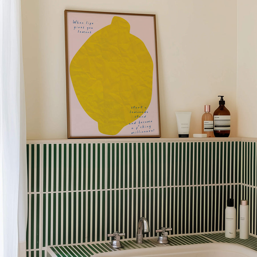 Bold, modern wall art featuring a bright yellow lemon with a motivational quote. Get 2PrintsFor$100 that comes with Free Shipping 🚚💫 in Australia.