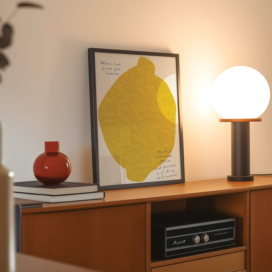 Bold, modern wall art featuring a bright yellow lemon with a motivational quote. Get 2PrintsFor$100 that comes with Free Shipping 🚚💫 in Australia.
