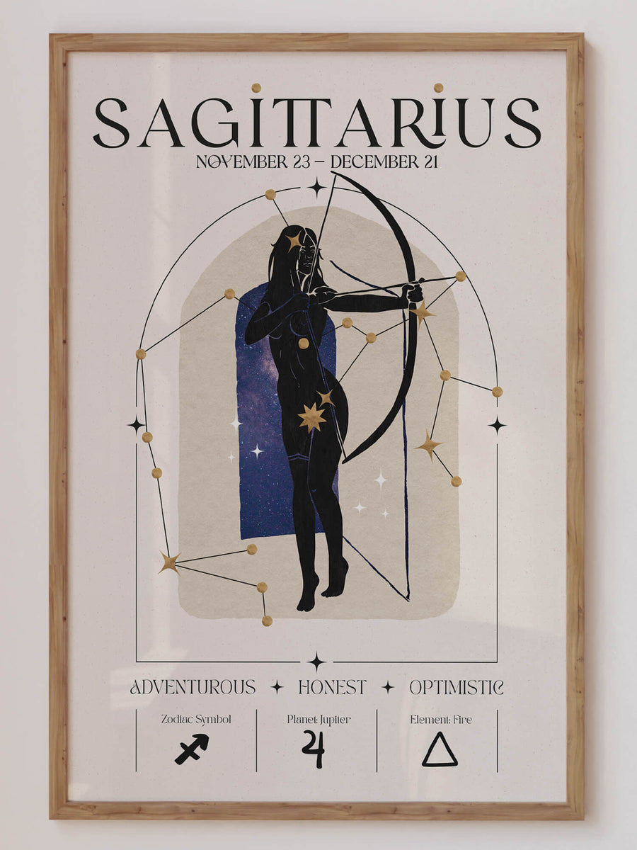 Sagittarius zodiac wall art print featuring a celestial archer woman, cosmic constellations, Jupiter planet, and golden fire sign symbolism. Unframed astrology artwork.