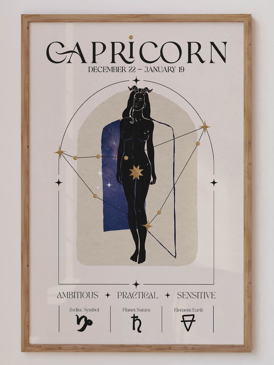 Capricorn zodiac wall art print featuring a celestial woman with a constellation overlay, cosmic elements, and Capricorn symbols. Neutral-toned, unframed astrology print.