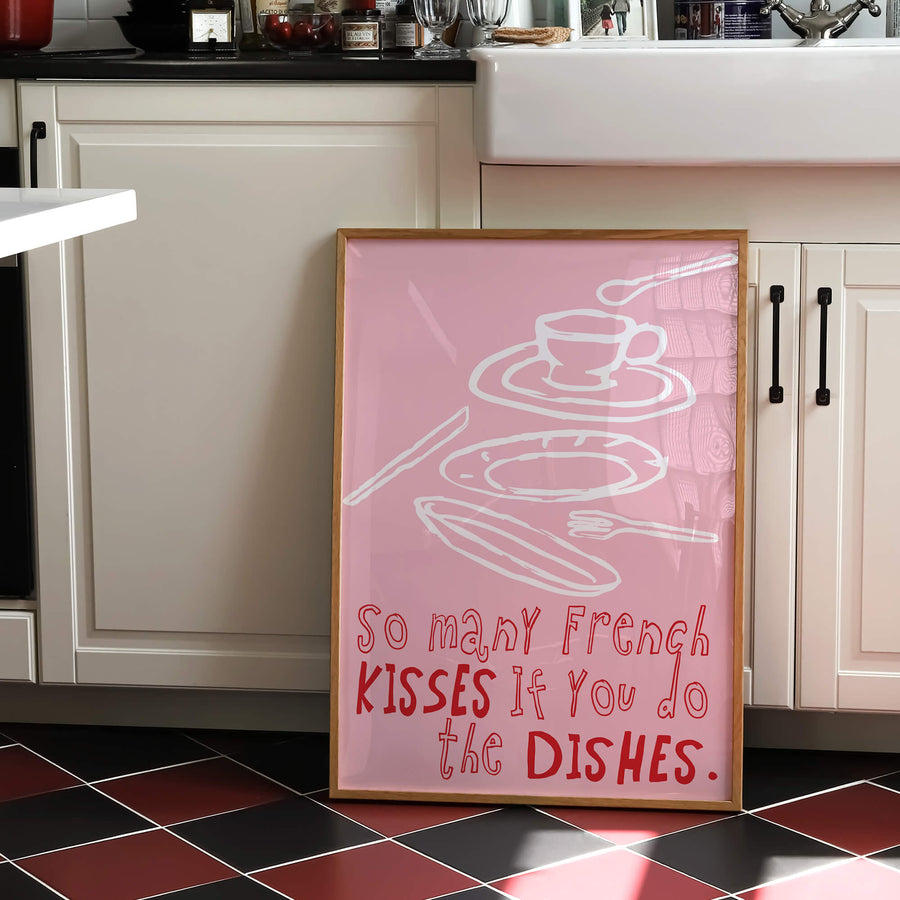 Dishes Kisses kitchen print – cheeky text wall art for food lovers and modern kitchens. Get 2 Prints for $100 with Free Shipping in Australia from EDGE Wall Art.