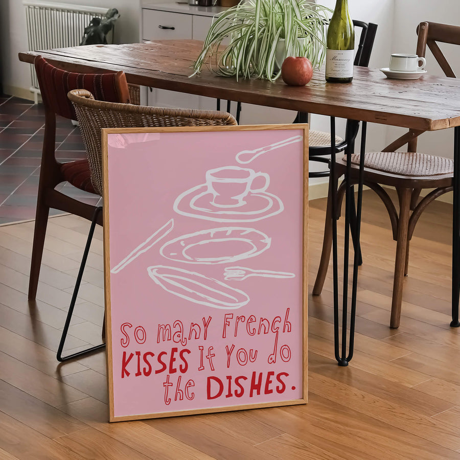Dishes Kisses kitchen print – cheeky text wall art for food lovers and modern kitchens. Get 2 Prints for $100 with Free Shipping in Australia from EDGE Wall Art.
