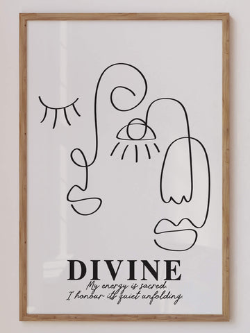 Minimal black line art face on neutral background with gentle affirmation: “My energy is sacred. Rooted in something eternal.”