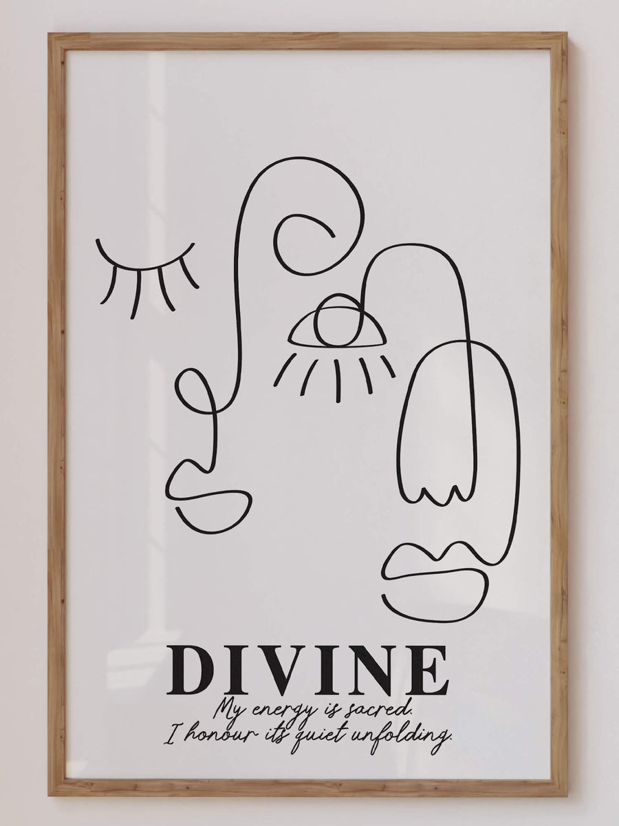 Minimal black line art face on neutral background with gentle affirmation: “My energy is sacred. Rooted in something eternal.”