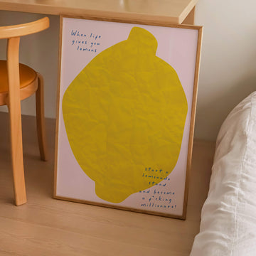 Bold, modern wall art featuring a bright yellow lemon with a motivational quote. Get 2PrintsFor$100 that comes with Free Shipping 🚚💫 in Australia.