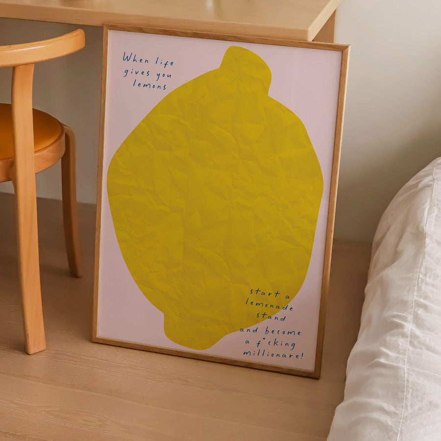 Bold, modern wall art featuring a bright yellow lemon with a motivational quote. Get 2PrintsFor$100 that comes with Free Shipping 🚚💫 in Australia.