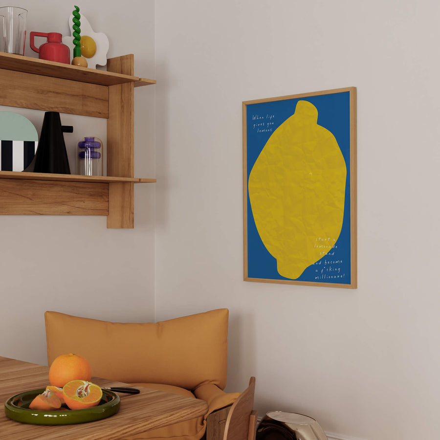 Bold, modern wall art featuring a bright yellow lemon with a motivational quote. Get 2PrintsFor$100 that comes with Free Shipping 🚚💫 in Australia.