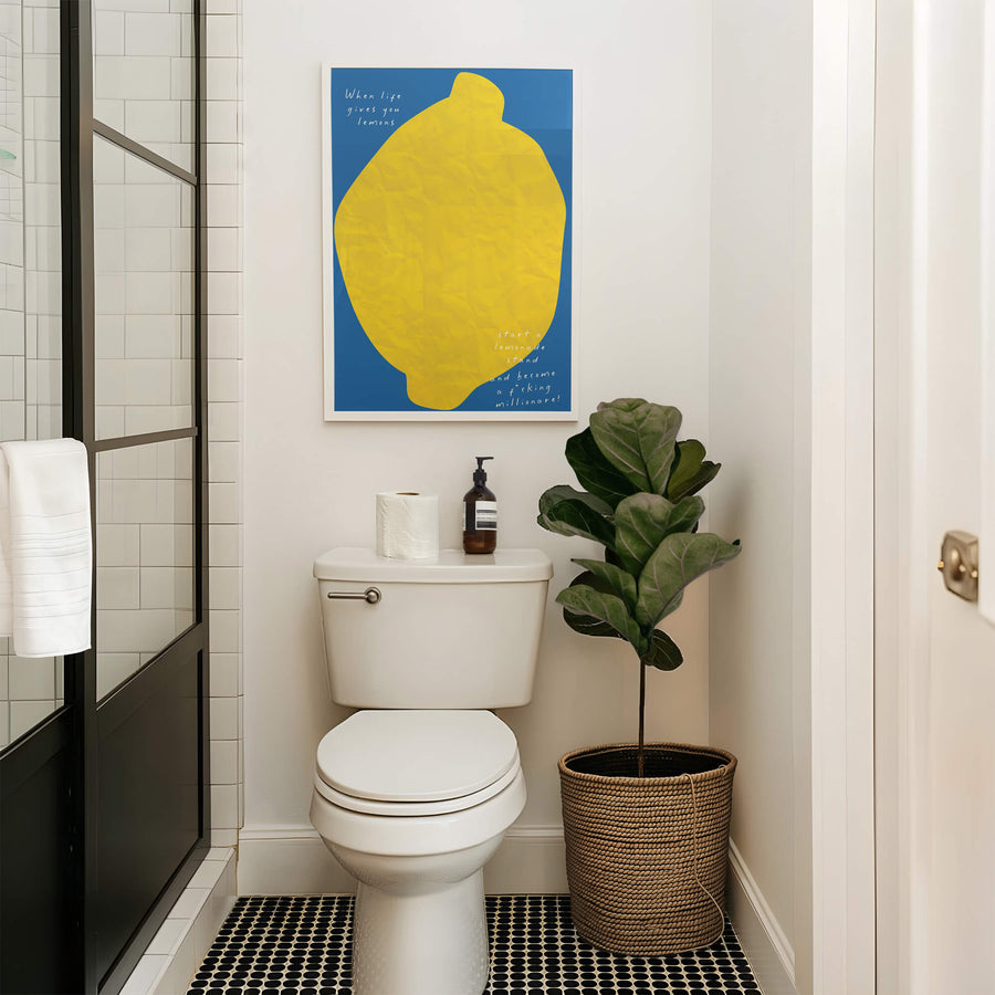 Bold, modern wall art featuring a bright yellow lemon with a motivational quote. Get 2PrintsFor$100 that comes with Free Shipping 🚚💫 in Australia.