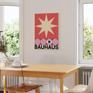 Abstract Bauhaus eye print featuring modern geometric shapes in pink, black, and beige tones. Minimalist wall art perfect for contemporary and Scandinavian-inspired interiors.