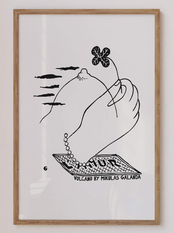 Volcano by Mikuláš Galanda – minimalist black line drawing of a woman's hand holding a flower, mountain and clouds illustration