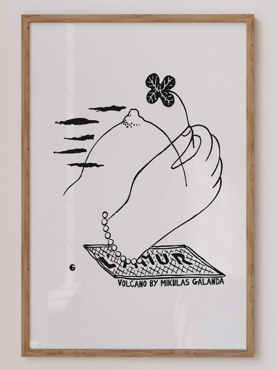 Volcano by Mikuláš Galanda – minimalist black line drawing of a woman's hand holding a flower, mountain and clouds illustration