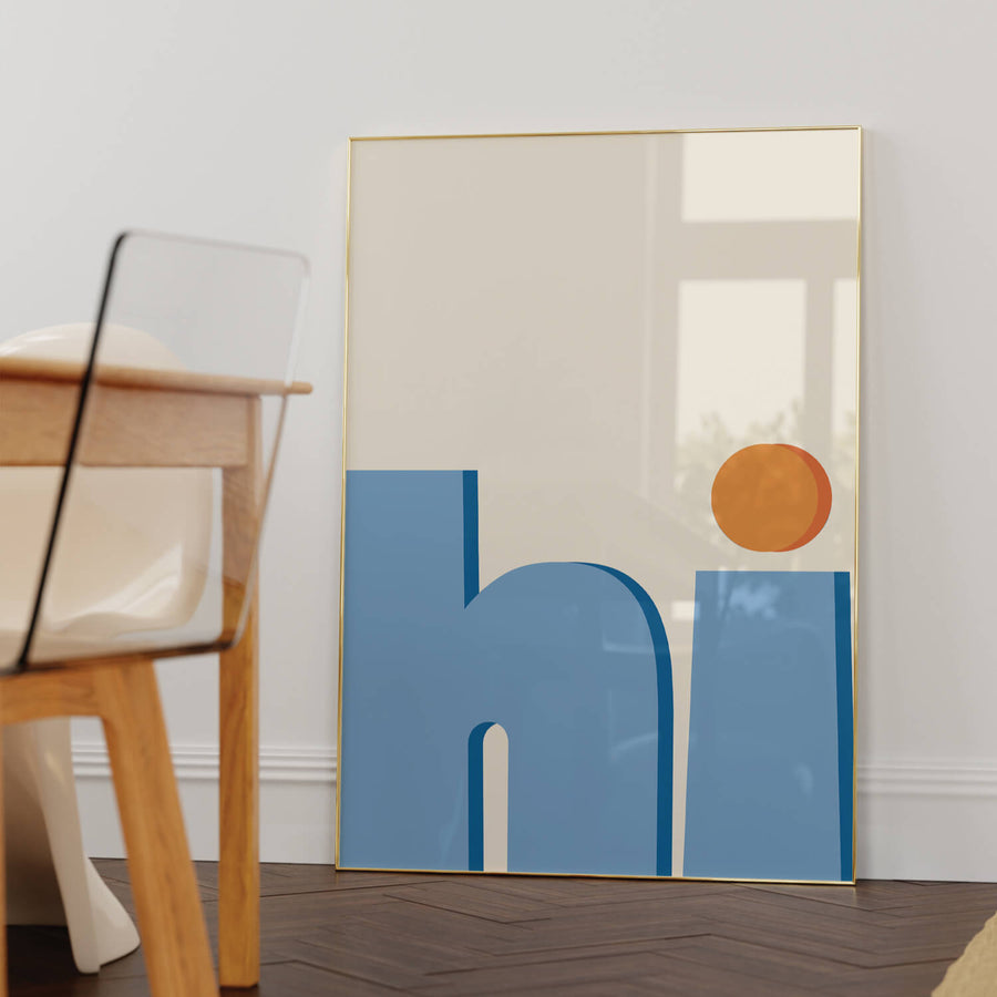 'Hi' print featuring bold, minimalist typography for a trendy and modern touch, perfect for funky home decor. Get 2PrintsFor$100 that comes with Free Shipping 🚚💫 in Australia.