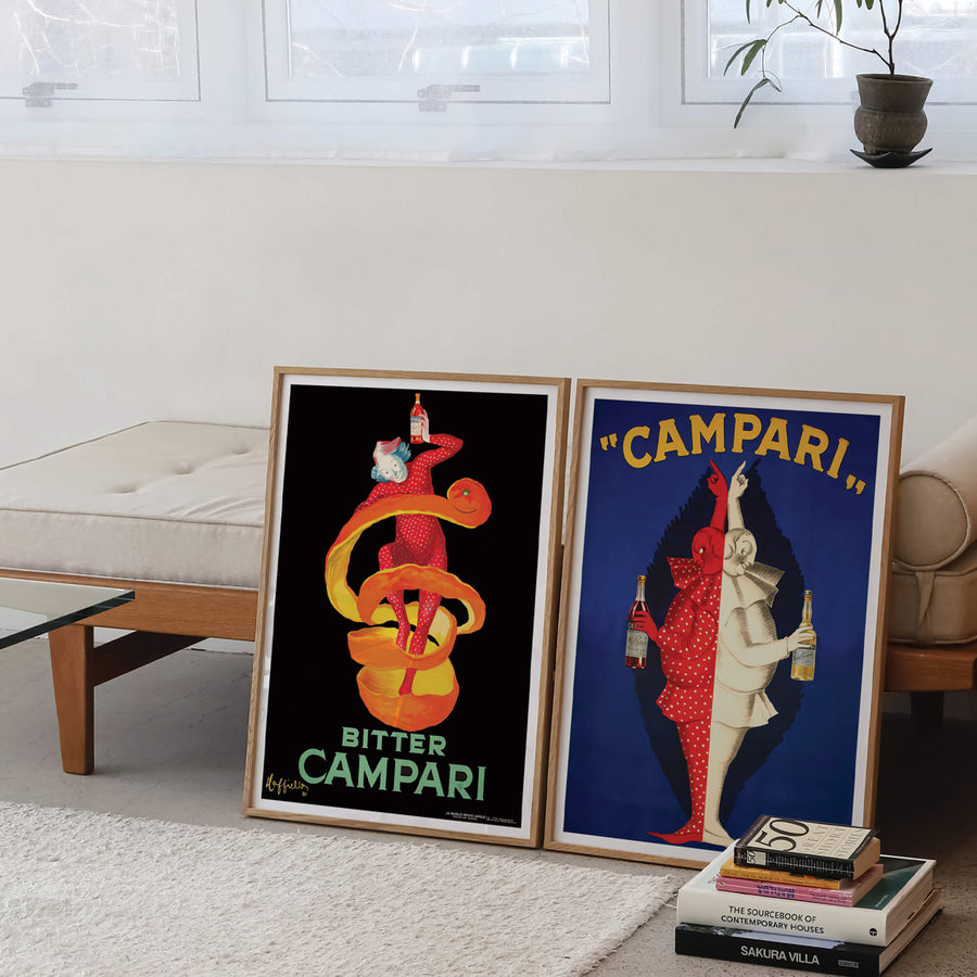 Bitter Campari print by Leonetto Cappiello in classic Art Nouveau style, featuring bold red tones, a striking central figure, and vintage charm. Perfect for lovers of retro decor and classic advertising art