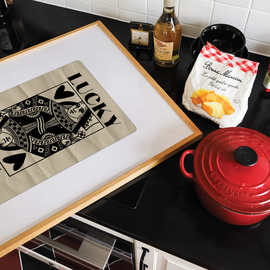 'Lucky You' print featuring a bold Queen of Hearts-inspired design with vintage playing card aesthetics, perfect for funky modern home decor. Get 2PrintsFor$100 that comes with Free Shipping 🚚💫 in Australia.