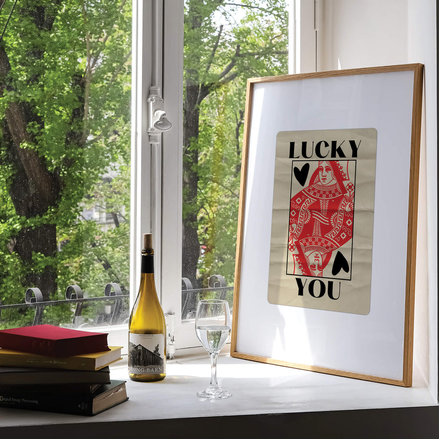 'Lucky You' print featuring a bold Queen of Hearts-inspired design with vintage playing card aesthetics, perfect for funky modern home decor. Get 2PrintsFor$100 that comes with Free Shipping 🚚💫 in Australia.