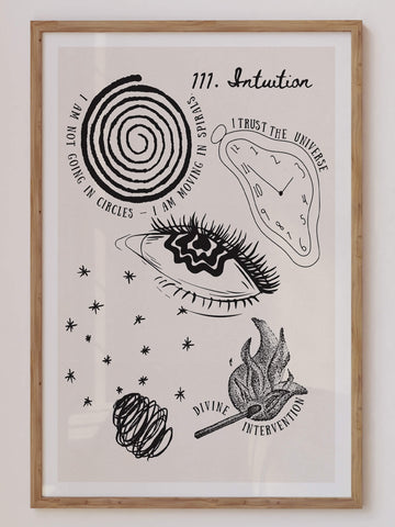 Black and white mystical intuition print with spiral quote, surreal melting clock, eye drawing, and matchstick flame from EDGE Wall Art