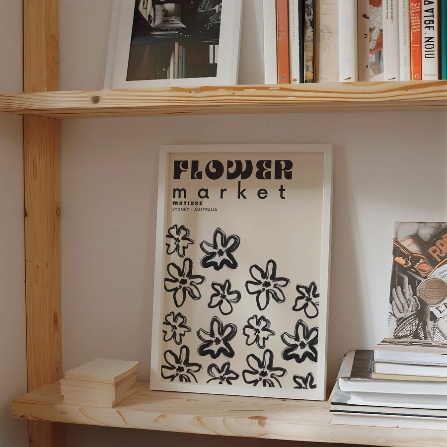 Matisse-inspired Flower Market Sydney print featuring bold black hand-drawn flowers on a neutral beige background. A modern and minimalist botanical wall art piece. Get 2PrintsFor$100 that comes with Free Shipping 🚚💫 in Australia.