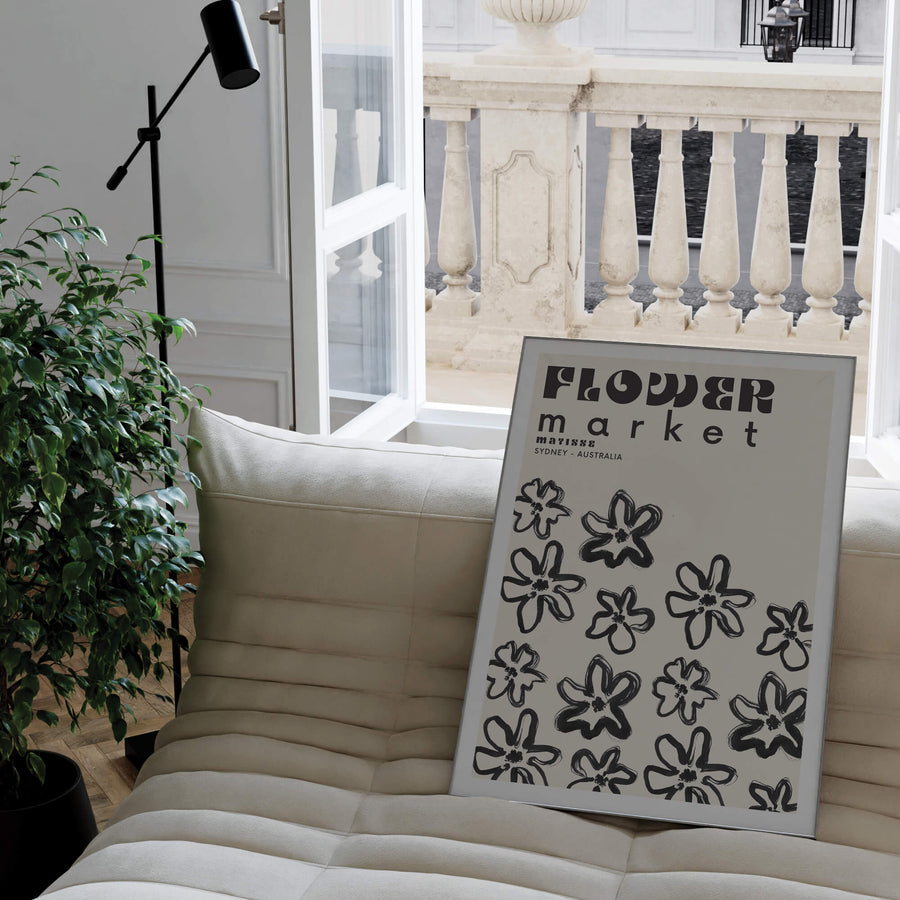 Matisse-inspired Flower Market Sydney print featuring bold black hand-drawn flowers on a neutral beige background. A modern and minimalist botanical wall art piece. Get 2PrintsFor$100 that comes with Free Shipping 🚚💫 in Australia.