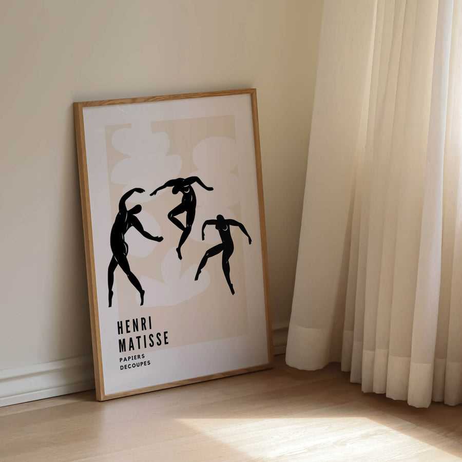 Matisse-inspired black and white abstract print featuring elegant dancing figures against a soft beige background. A minimalist and modern wall art piece. Get 2PrintsFor$100 that comes with Free Shipping 🚚💫 in Australia.