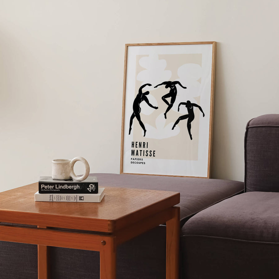 Matisse-inspired black and white abstract print featuring elegant dancing figures against a soft beige background. A minimalist and modern wall art piece. Get 2PrintsFor$100 that comes with Free Shipping 🚚💫 in Australia.
