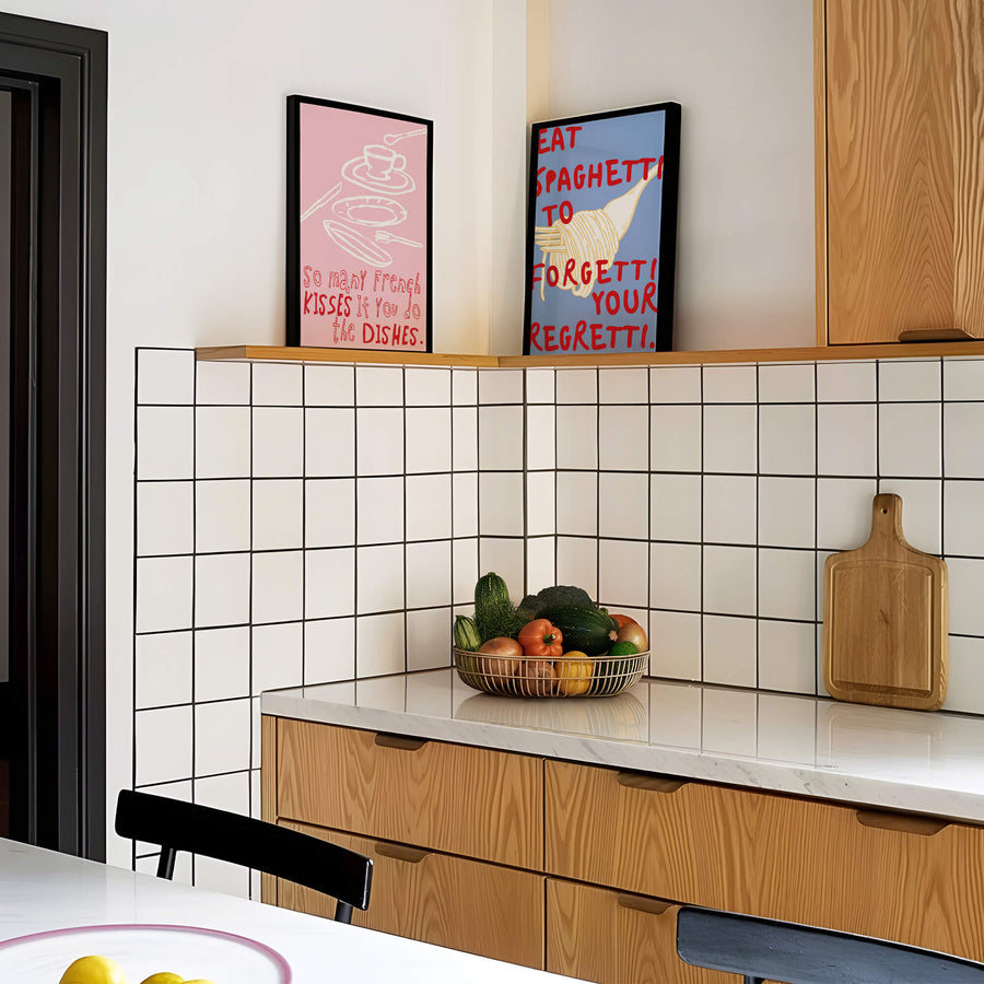 Dishes Kisses kitchen print – cheeky text wall art for food lovers and modern kitchens. Get 2 Prints for $100 with Free Shipping in Australia from EDGE Wall Art.