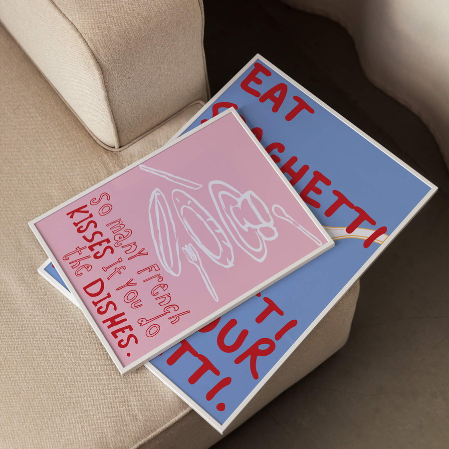 Dishes Kisses kitchen print – cheeky text wall art for food lovers and modern kitchens. Get 2 Prints for $100 with Free Shipping in Australia from EDGE Wall Art.