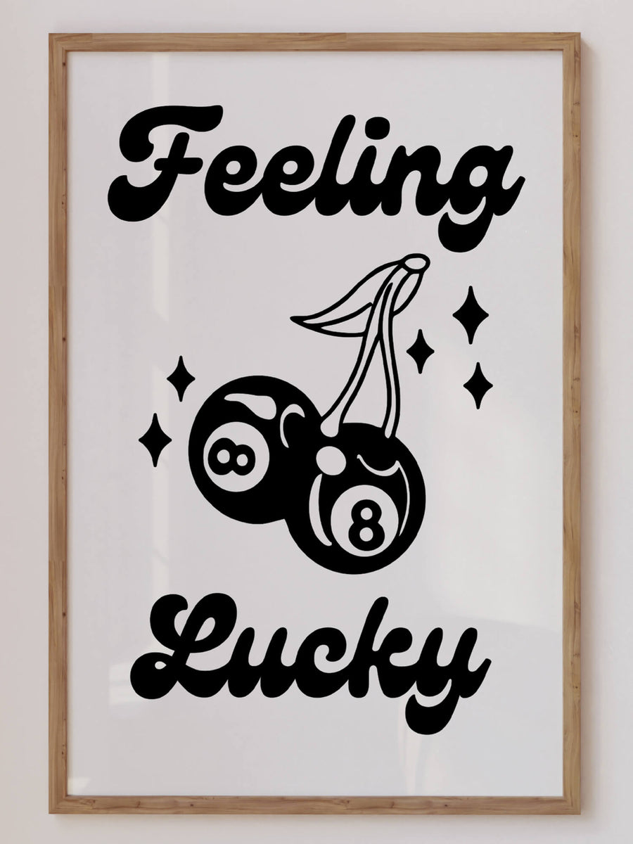 Black and white retro wall art print featuring cherry-shaped 8-balls and the phrase 