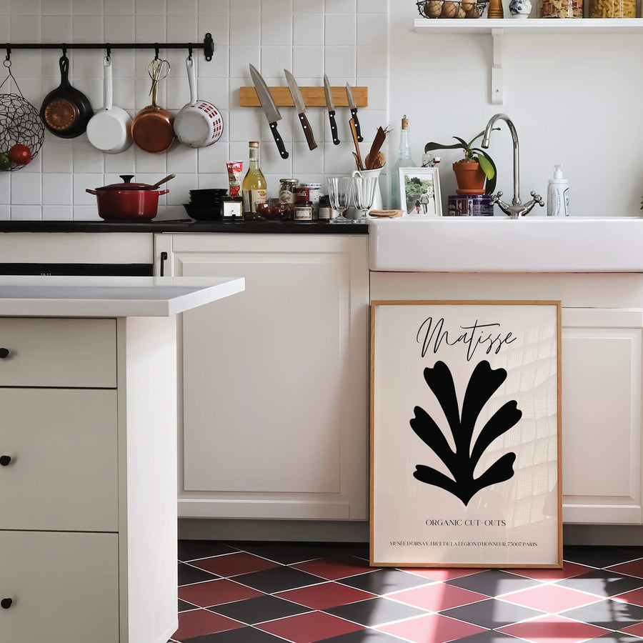 Matisse-inspired black organic cut-out print featuring bold abstract botanical shapes on a neutral background. A minimalist and modern wall art piece. Get 2PrintsFor$100 that comes with Free Shipping 🚚💫 in Australia.