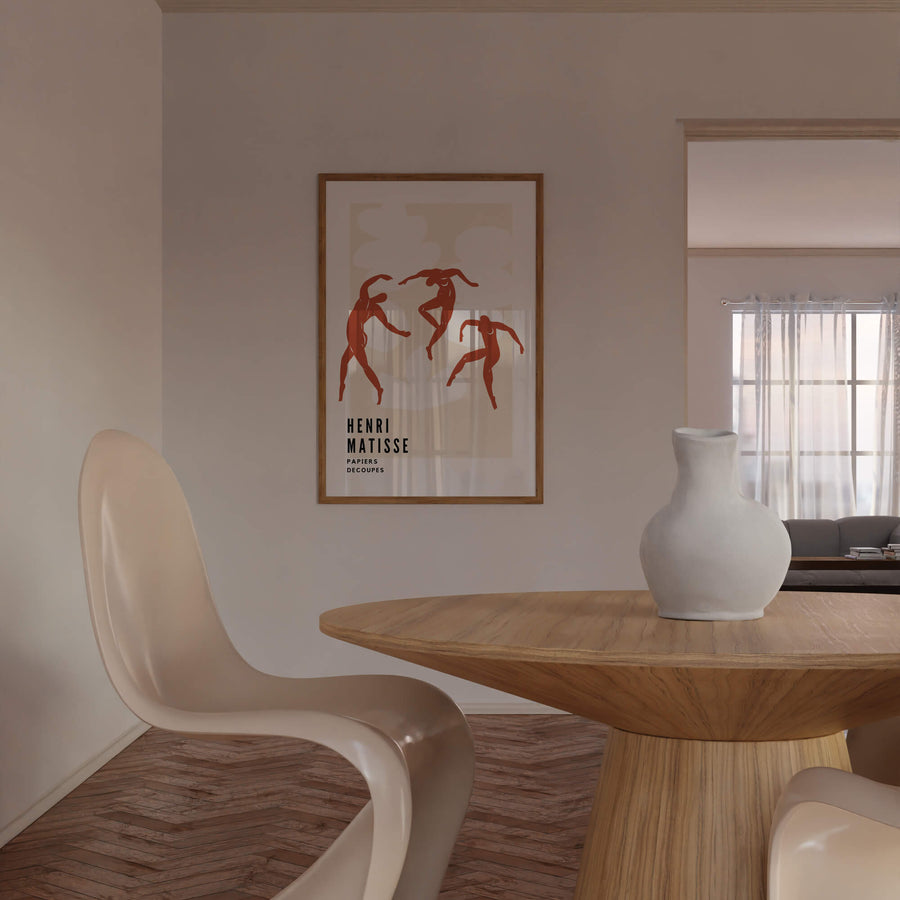 Matisse-inspired terracotta abstract print featuring elegant dancing figures against a soft beige background. A modern and minimalist wall art piece perfect for contemporary interiors. Get 2PrintsFor$100 that comes with Free Shipping 🚚💫 in Australia.