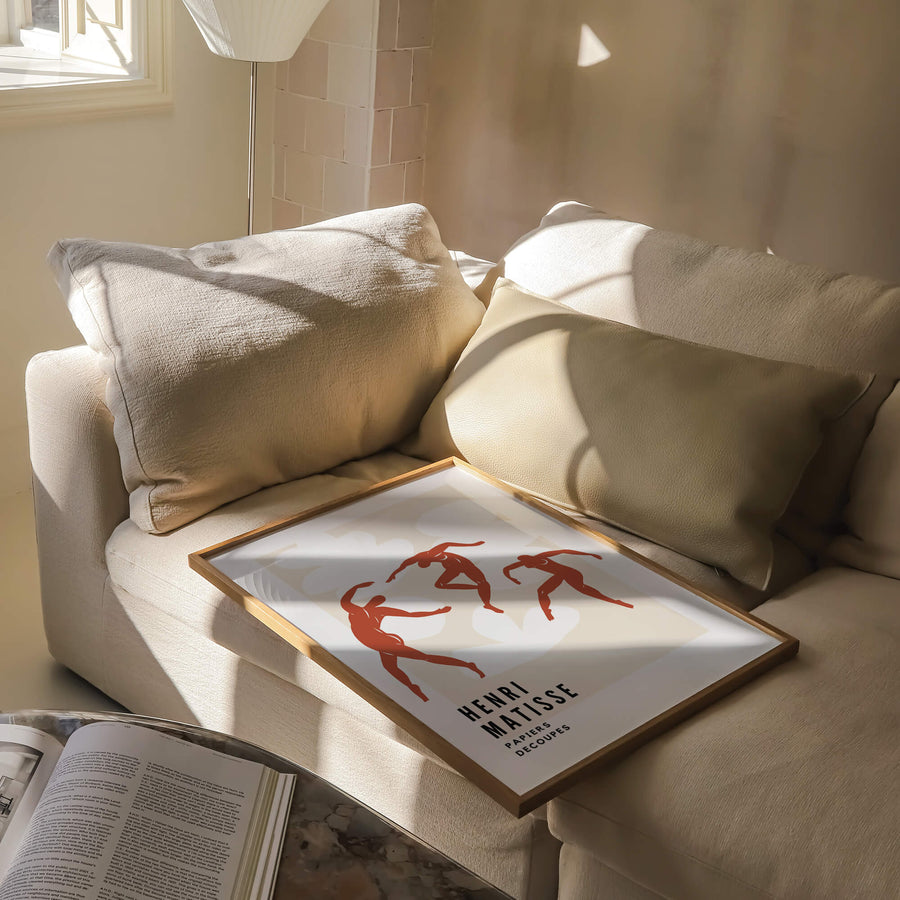 Matisse-inspired terracotta abstract print featuring elegant dancing figures against a soft beige background. A modern and minimalist wall art piece perfect for contemporary interiors. Get 2PrintsFor$100 that comes with Free Shipping 🚚💫 in Australia.