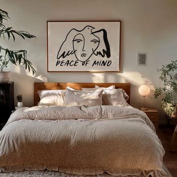 Abstract dove and woman face line art print with handwritten text 