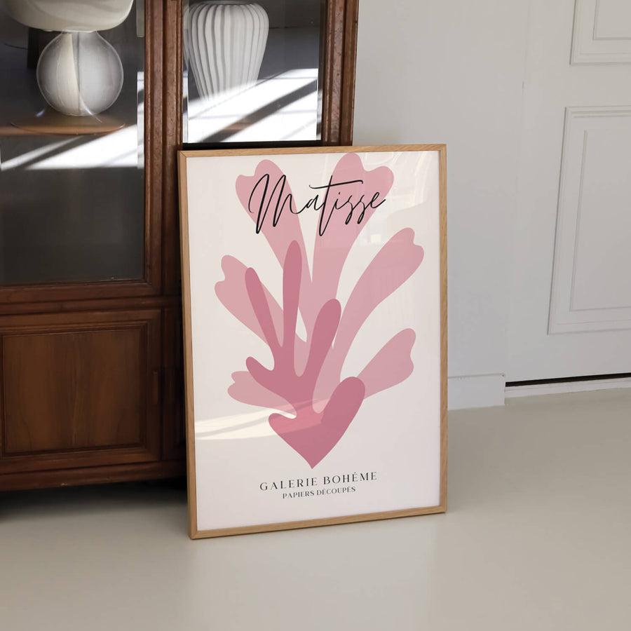 Matisse-inspired pink abstract print featuring organic cut-out shapes on a neutral background. A modern and minimalist art piece perfect for contemporary interiors. Get 2PrintsFor$100 that comes with Free Shipping 🚚💫 in Australia.