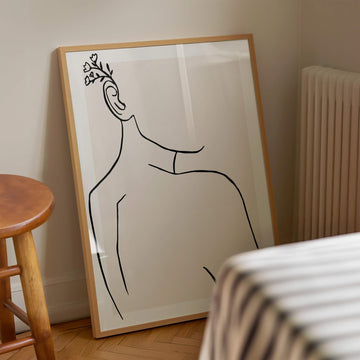 Written in Me – Modern line art of a faceless woman with floral elements and the phrase “Written in Me” in minimalist handwriting. Soulmate wall print.