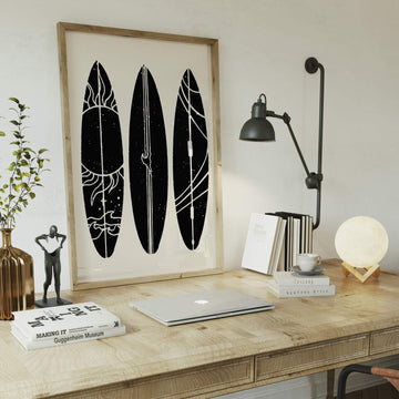 'Surfboards' print featuring a vibrant, beachy aesthetic with retro surf culture vibes, perfect for funky modern home decor. Get 2PrintsFor$100 that comes with Free Shipping 🚚💫 in Australia.
