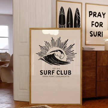 'Surf Club' print featuring a retro surf-inspired design with beachy vibes, perfect for funky modern Australian home decor. Get 2PrintsFor$100 that comes with Free Shipping 🚚💫 in Australia.