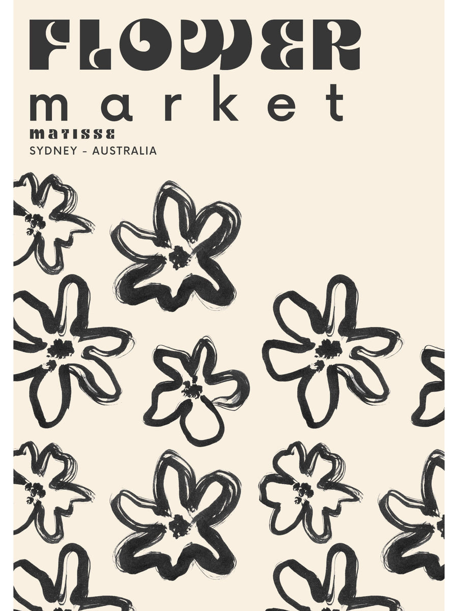 Matisse-inspired Flower Market Sydney print featuring bold black hand-drawn flowers on a neutral beige background. A modern and minimalist botanical wall art piece. Get 2PrintsFor$100 that comes with Free Shipping 🚚💫 in Australia.