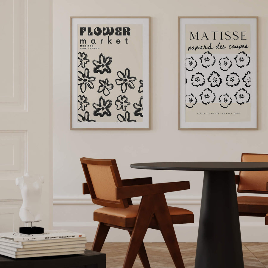 Matisse-inspired Flower Market Sydney print featuring bold black hand-drawn flowers on a neutral beige background. A modern and minimalist botanical wall art piece. Get 2PrintsFor$100 that comes with Free Shipping 🚚💫 in Australia.