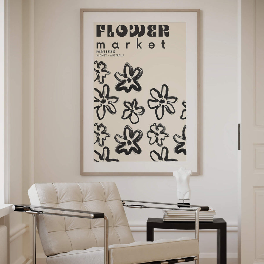 Matisse-inspired Flower Market Sydney print featuring bold black hand-drawn flowers on a neutral beige background. A modern and minimalist botanical wall art piece. Get 2PrintsFor$100 that comes with Free Shipping 🚚💫 in Australia.