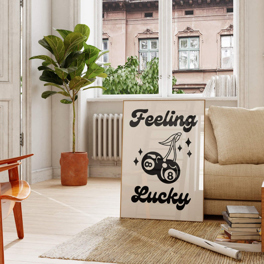 Black and white retro wall art print featuring cherry-shaped 8-balls and the phrase 