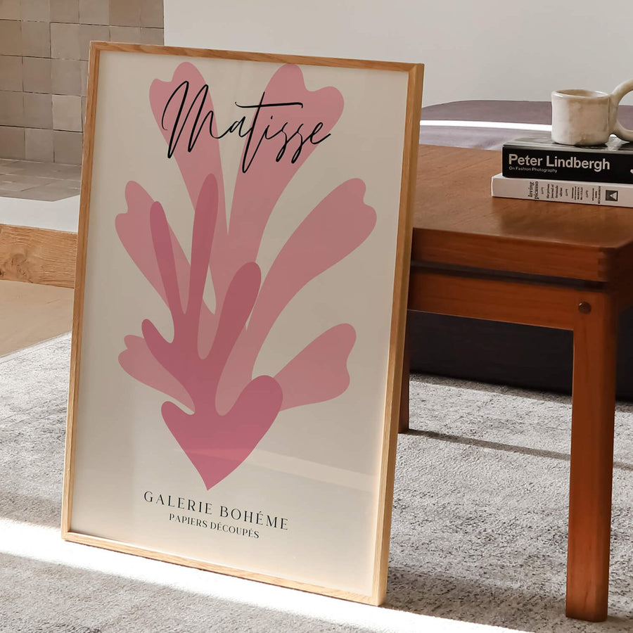 Matisse-inspired pink abstract print featuring organic cut-out shapes on a neutral background. A modern and minimalist art piece perfect for contemporary interiors. Get 2PrintsFor$100 that comes with Free Shipping 🚚💫 in Australia.