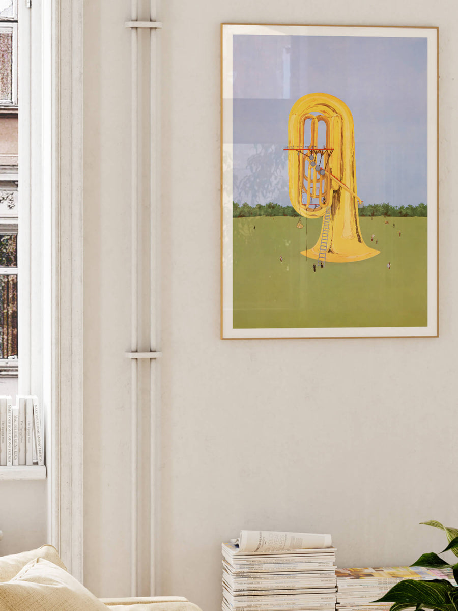 Tuba print in Art Nouveau style, featuring bold golden tones, musical instrument design, and vintage elegance. Ideal for music lovers and retro decor enthusiasts.